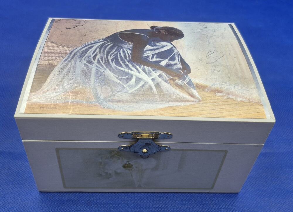 Vtg White Wooden Ballerina Musical Jewelry Box Plays "Love Story" Theme 6x4x3.5"
